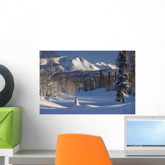 Snowman Wearing A Black Top Hat And Red Scarf Standing Wall Mural