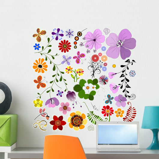 Big collection flowers and butterflies Wall Mural