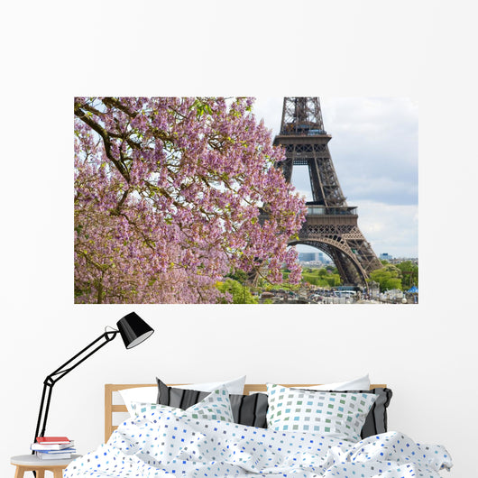 Spring in Paris. Blossoming jacarandas and the Eiffel Tower Wall Mural