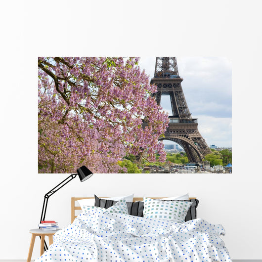Spring in Paris. Blossoming jacarandas and the Eiffel Tower Wall Mural