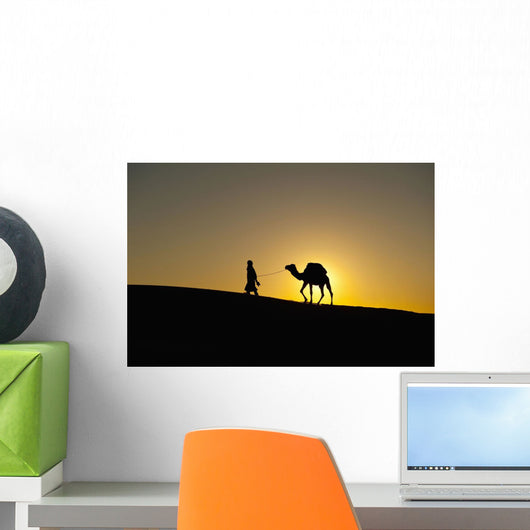 Silhouette of Berber 'Blue man' leading camel across sand dunes Wall Mural