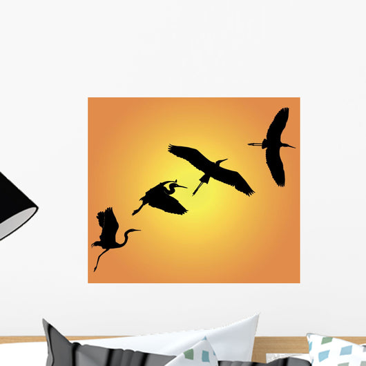 Group Silhouettes Heron Orange Wall Mural