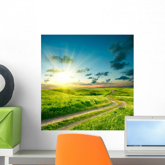 Summer landscape with green grass, road and dramatic sky Wall Mural