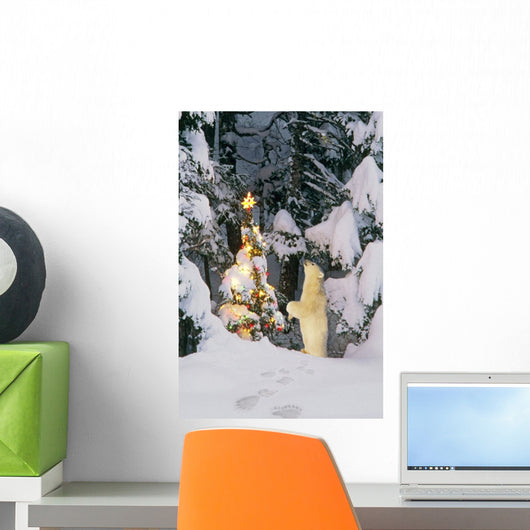 Polar Bear Cub Standing On Hind Legs Looking @ Star On Christmas Tree Wall Mural