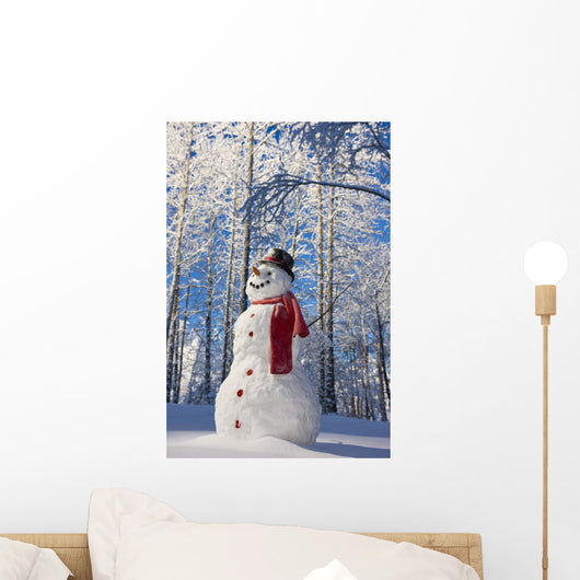 Snowman With Red Scarf And Black Top Hat Standing Wall Mural
