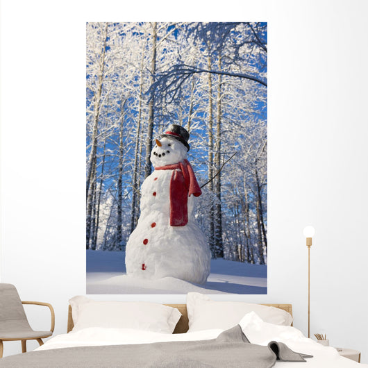 Snowman With Red Scarf And Black Top Hat Standing Wall Mural