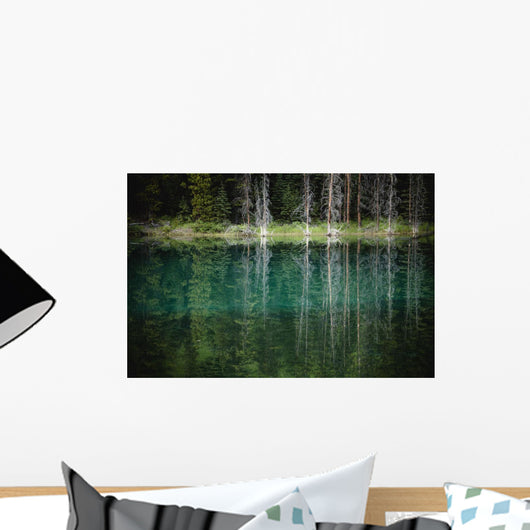 Trees reflected in the blue-green water of a small spring fed pond Wall Mural