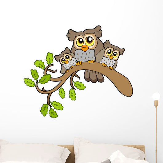 Three Cute Owls on Branch Wall Decal