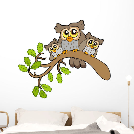 Three Cute Owls on Branch Wall Decal