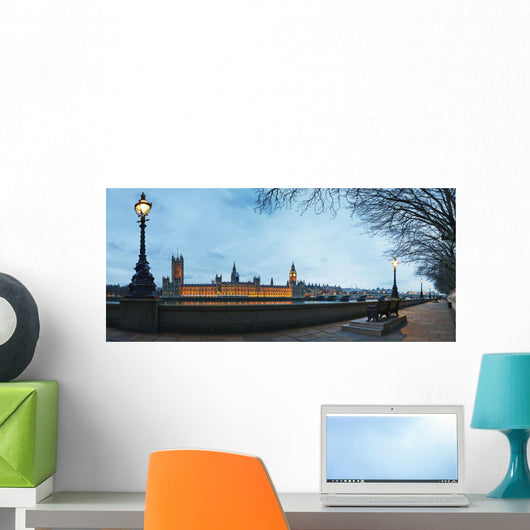 UK, Panoramic view of Houses of Parliament at dusk from River Thames Wall Mural