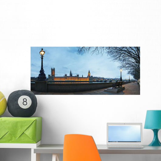 UK, Panoramic view of Houses of Parliament at dusk from River Thames Wall Mural