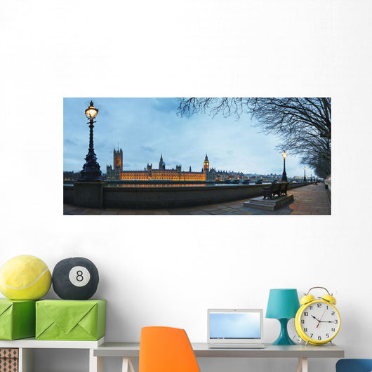 UK, Panoramic view of Houses of Parliament at dusk from River Thames Wall Mural