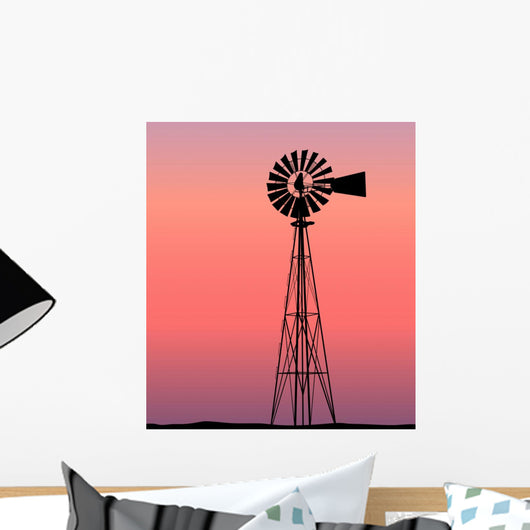 Windmill Silhouette Sunset Wall Mural