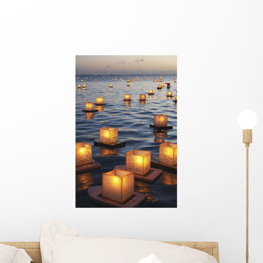Annual lantern floating ceremony during sunset at Ala Moana Wall Mural