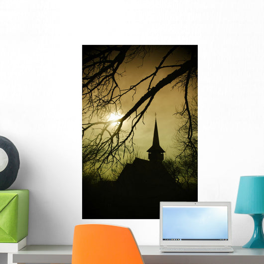 Dracula's land at sunset, church in Transylvania Wall Mural