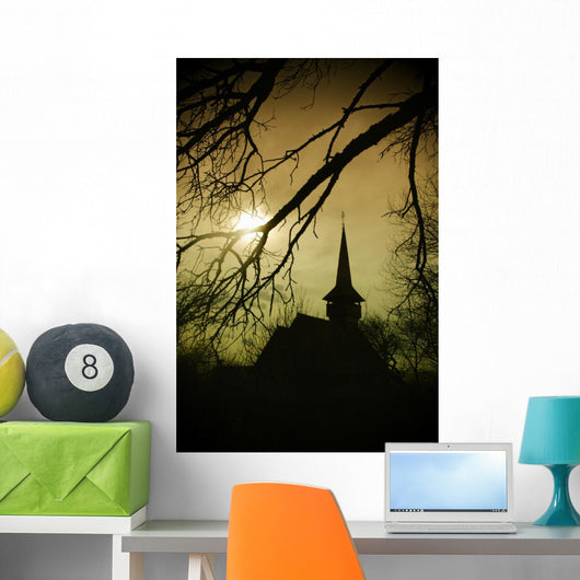 Dracula's land at sunset, church in Transylvania Wall Mural