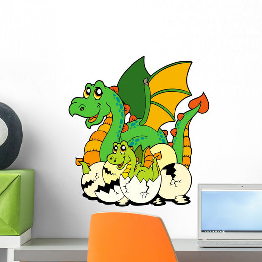 Dragon mom with baby and eggs Wall Mural