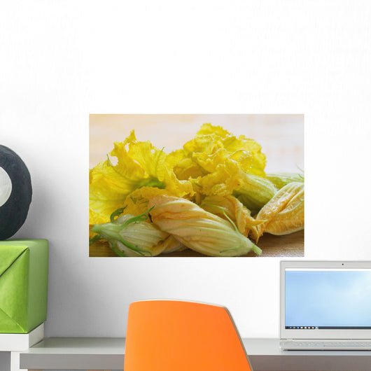 Close Up Of Zucchini Blossoms With Water Drops On Wooden Cutting Board Wall Mural