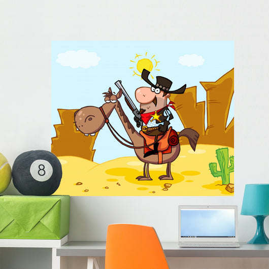 Western Sheriff On Horseback In Front Western Landscape Wall Mural