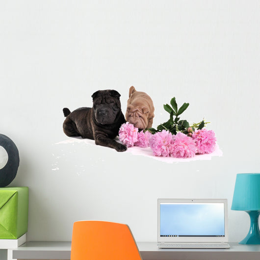 Sharpei Sniffing Flowers Wall Decal