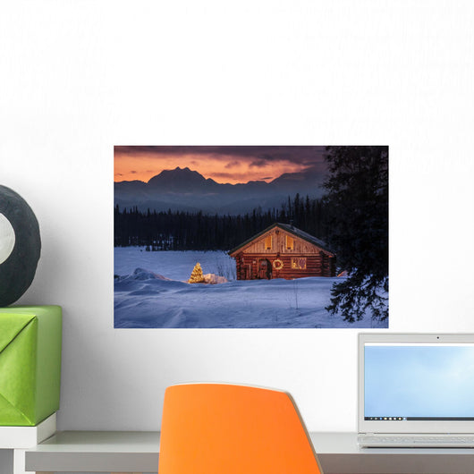 Log cabin with Christmas tree and decorations Wall Mural