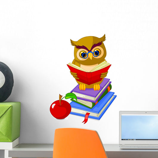 Wise Owl Sitting on Pile Book Wall Decal