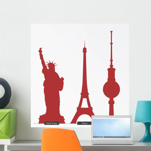 Silhouettes of big cities' monuments; New York, Paris and Berlin Wall Decal