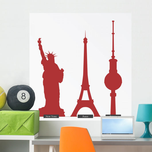 Silhouettes of big cities' monuments; New York, Paris and Berlin Wall Decal