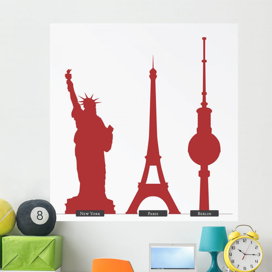 Silhouettes of big cities' monuments; New York, Paris and Berlin Wall Decal