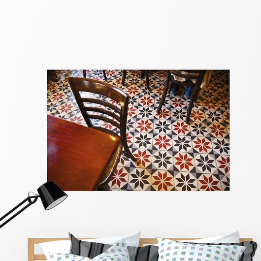 Decorative black and white pattern on the flooring of a restaurant Wall Mural