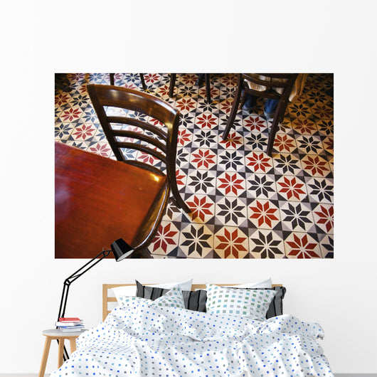 Decorative black and white pattern on the flooring of a restaurant Wall Mural