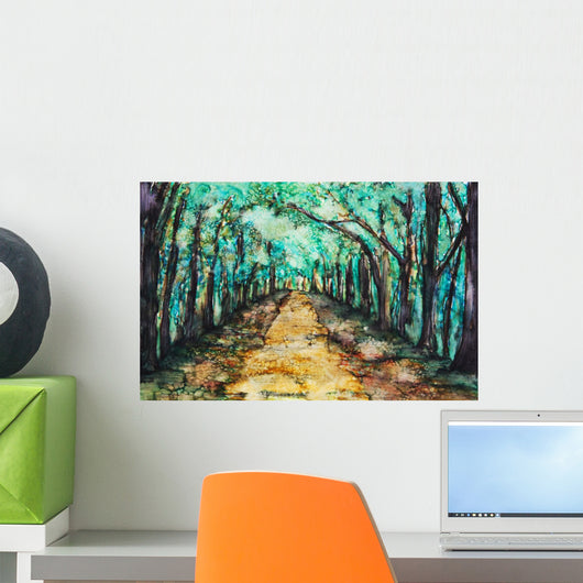 Watercolour painting of a path lined with trees Wall Mural