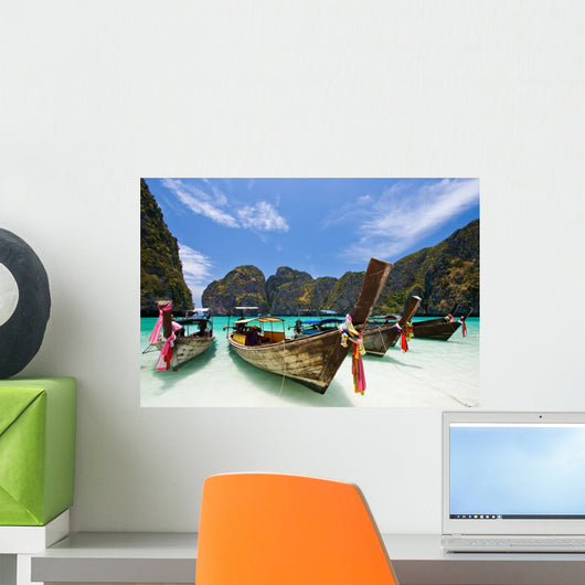 Long Tail Boat at Maya bay, PhiPhi Island , Phuket Thailand Wall Mural