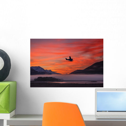Floatplane takes off from Juneau as the fog begins to clear at sunrise Wall Mural