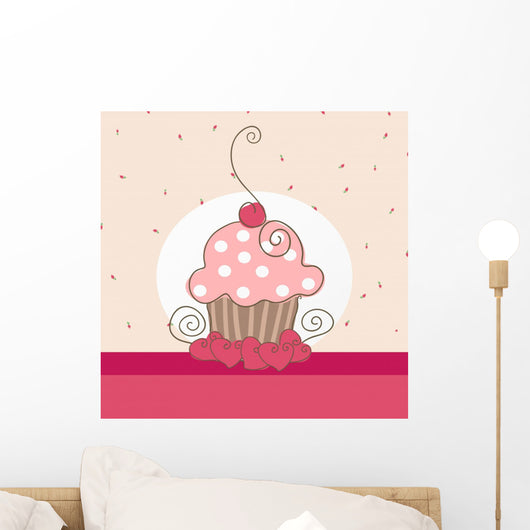 vintage cupcake card with hearts Wall Mural