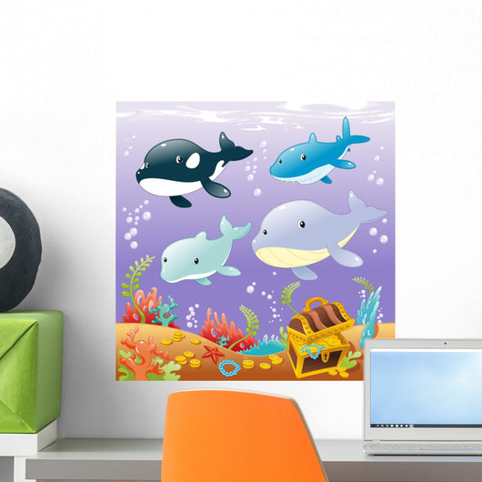 Family animals in the sea. Cartoon and vector illustration Wall Mural