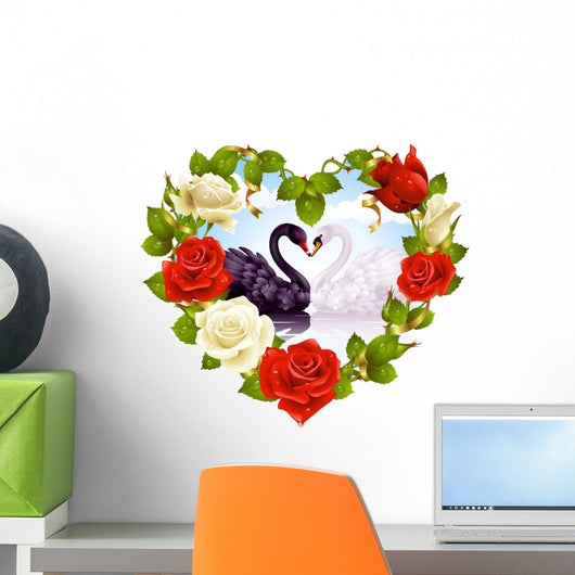 Rose frame in the shape of heart and couple swans Wall Decal