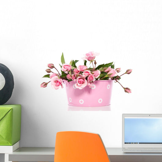 a bouquet of pink roses in a pink flowerpot isolated over white Wall Decal