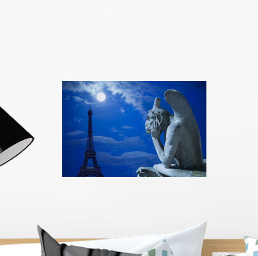 Notre Dame Chimera and Eiffel tower under the moon of Paris Wall Mural