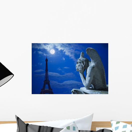 Notre Dame Chimera and Eiffel tower under the moon of Paris Wall Mural