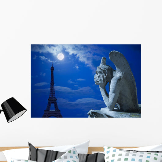 Notre Dame Chimera and Eiffel tower under the moon of Paris Wall Mural