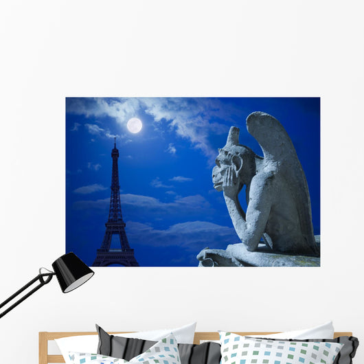 Notre Dame Chimera and Eiffel tower under the moon of Paris Wall Mural