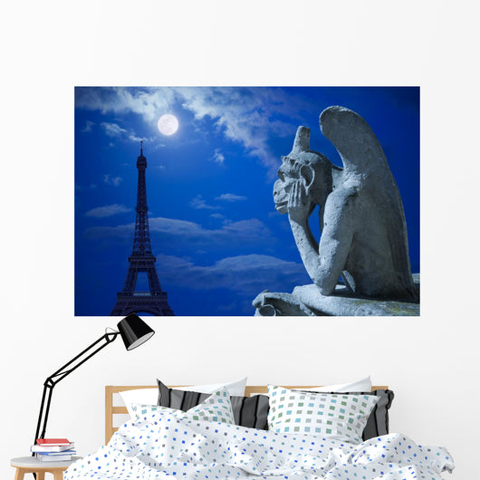 Notre Dame Chimera and Eiffel tower under the moon of Paris Wall Mural