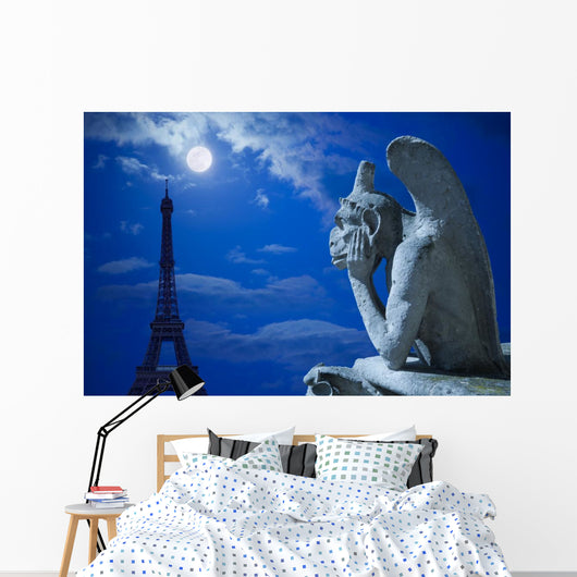 Notre Dame Chimera and Eiffel tower under the moon of Paris Wall Mural