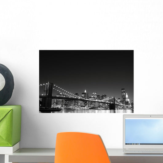 Brooklyn Bridge and Manhattan Skyline At Night, New York City Wall Mural