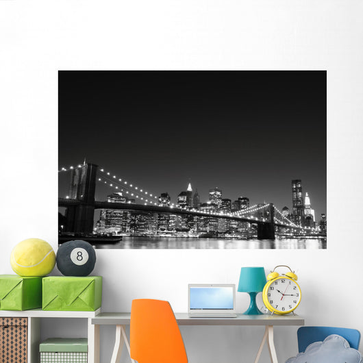 Brooklyn Bridge and Manhattan Skyline At Night, New York City Wall Mural