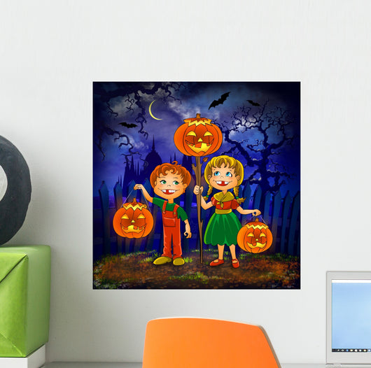 Boy and girl with pumpkins celebrates halloween. Wall Mural