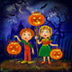 Boy and girl with pumpkins celebrates halloween. Wall Mural