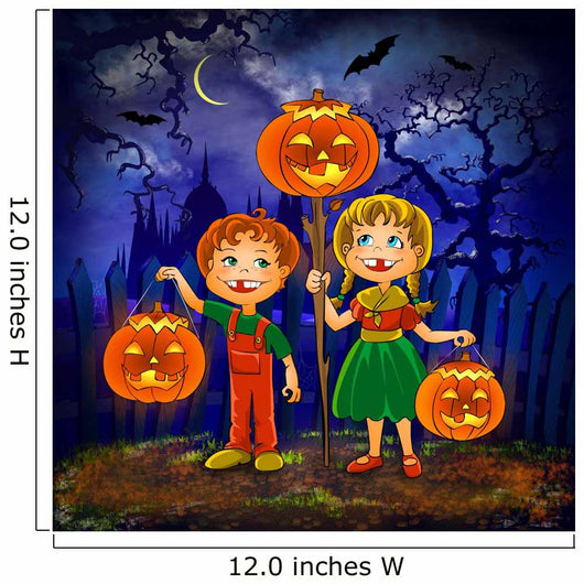 Boy and girl with pumpkins celebrates halloween. Wall Mural