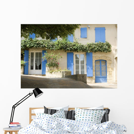 French Village Cottage with blue shutters Provence France Wall Mural